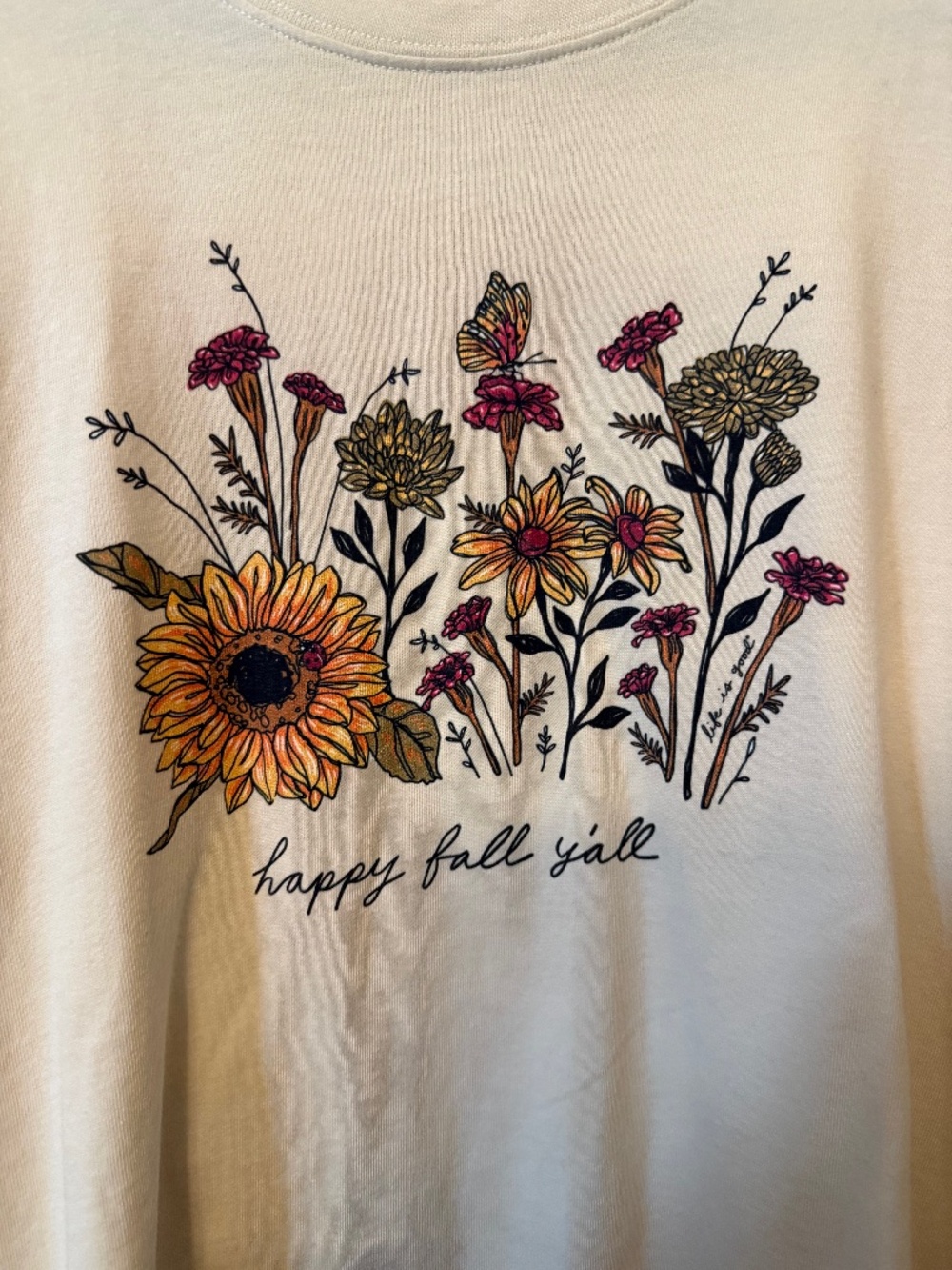 Life Is Good Women’s Long Sleeve Crusher Tee, ivory with fall graphic, Size XL